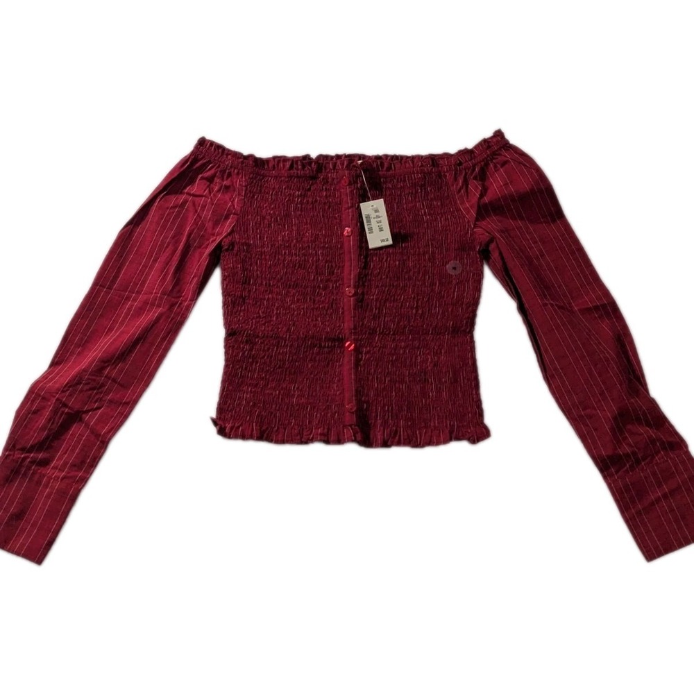 Y2K Aéropostale Off Shoulder Smocked Top Red Pinstripe Long Sleeve NWT Medium